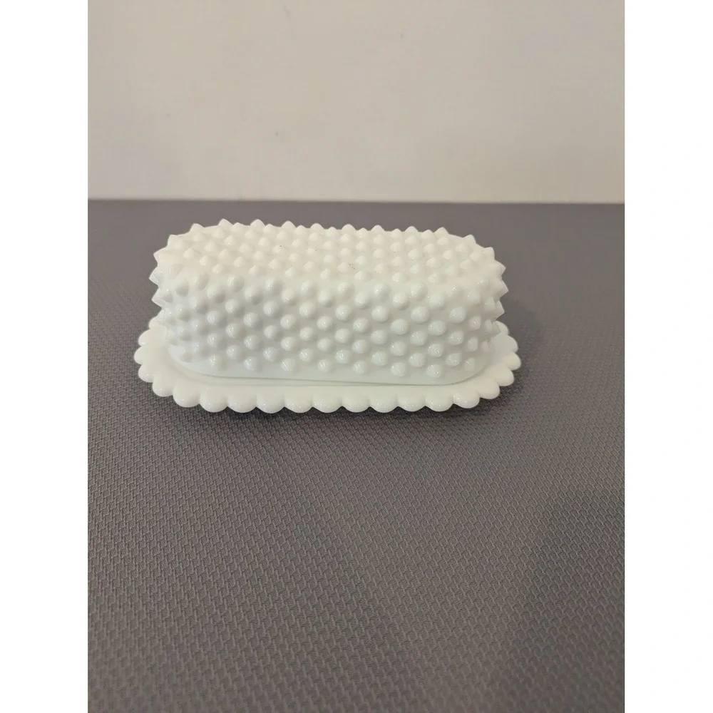 Vintage Fenton ? White Milk Glass Hobnail Butter Dish w/ Scalloped Tray 2 Piece
